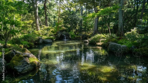 Japanese Zen temple surrounded by nature and tranquil ponds.