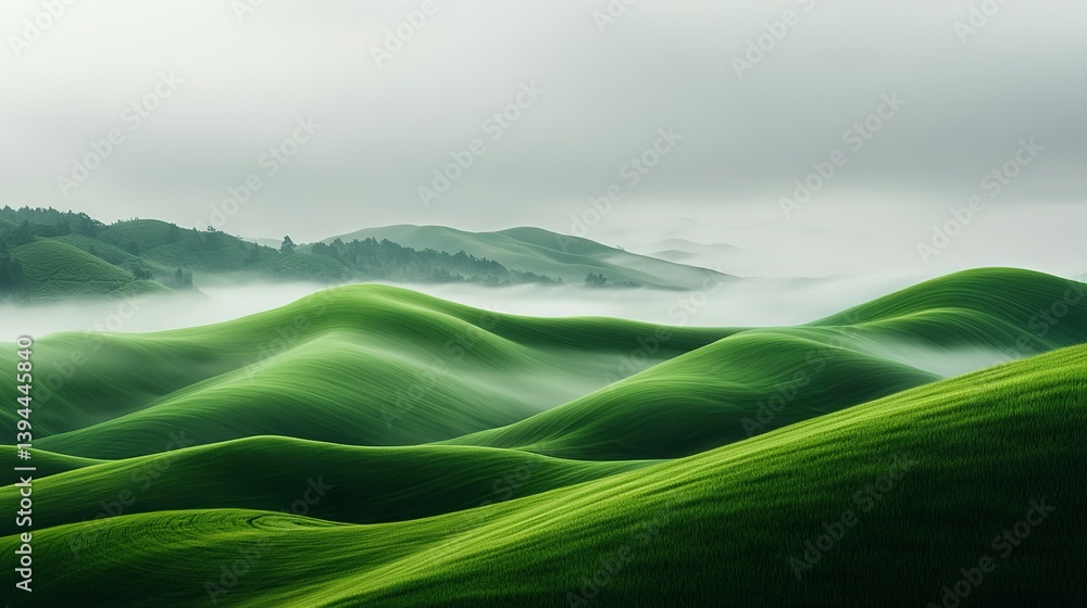 Green landscape with hills and trees on a foggy day, low-lying clouds in the distance Green landscape with hills and trees on a foggy day, low-lying clouds in the distance