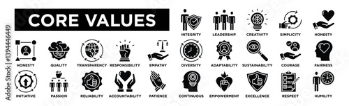 Core values icon collection set. Containing design Integrity, Leadership, Creativity, Simplicity, Honesty