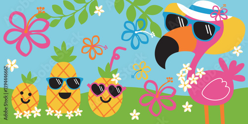 Summer pink flamingo.Cute characters in flat style. Vector illustration