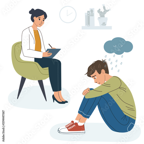 Female psychologist counseling depressed man under rain cloud. Mental health support and psychotherapy for patient, adolescent depression