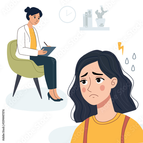 Woman in therapy with a consultant. Psychiatric care for a patient in a state of stress. Consultation with a psychotherapist for emotional support and overcoming anxiety, reducing stress.
