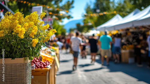 Vibrant Local Fair with Art and Food Stalls Under Sunlit Awnings, Shallow Depth of Field