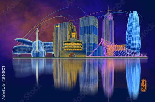 Photography Vector graphics of travel scenes in various Chinese cities with golden style