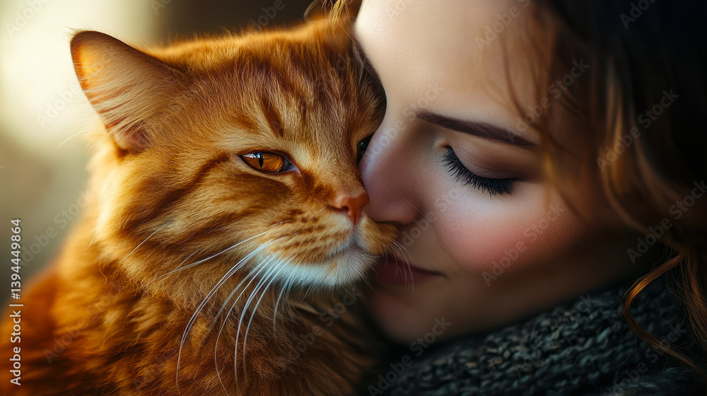 Woman Showing Affection to Ginger Cat in Warm Light, Close-Up Portrait of Love and Companionship Woman Showing Affection to Ginger Cat in Warm Light, Close-Up Portrait of Love and Companionship