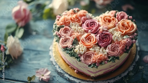 Heart Shaped Floral Cake on Teal Wooden Table