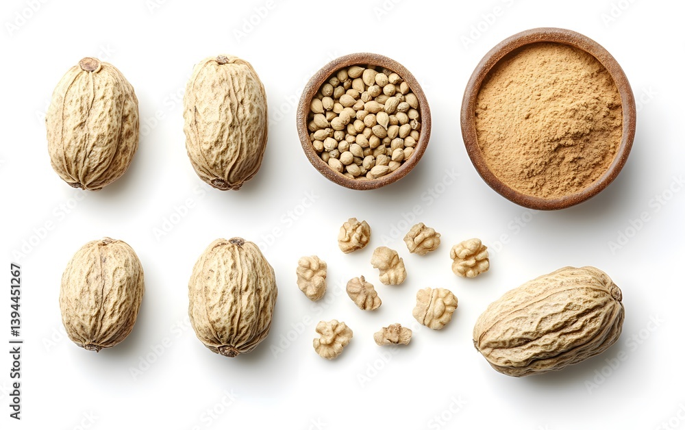 Dried Spices and Nuts Top View Flatlay,  Coriander Seeds, Nutmeg, Powder