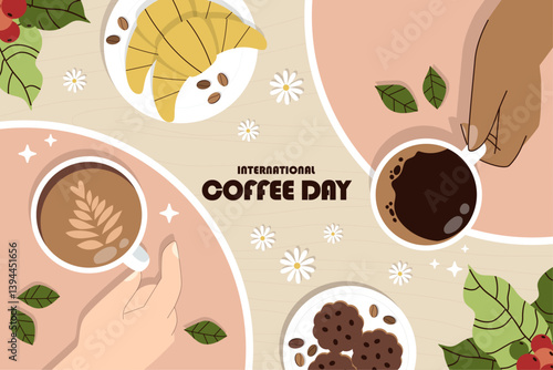 A poster celebrating International Coffee Day, displaying hands holding coffee and blooming flowers.