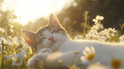 Cute Kitten Sleeping in Daisy Field at Sunset