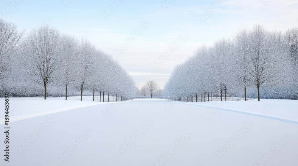 Winter wonderland landscape. Frosted trees line a snowy path Winter wonderland landscape. Frosted trees line a snowy path