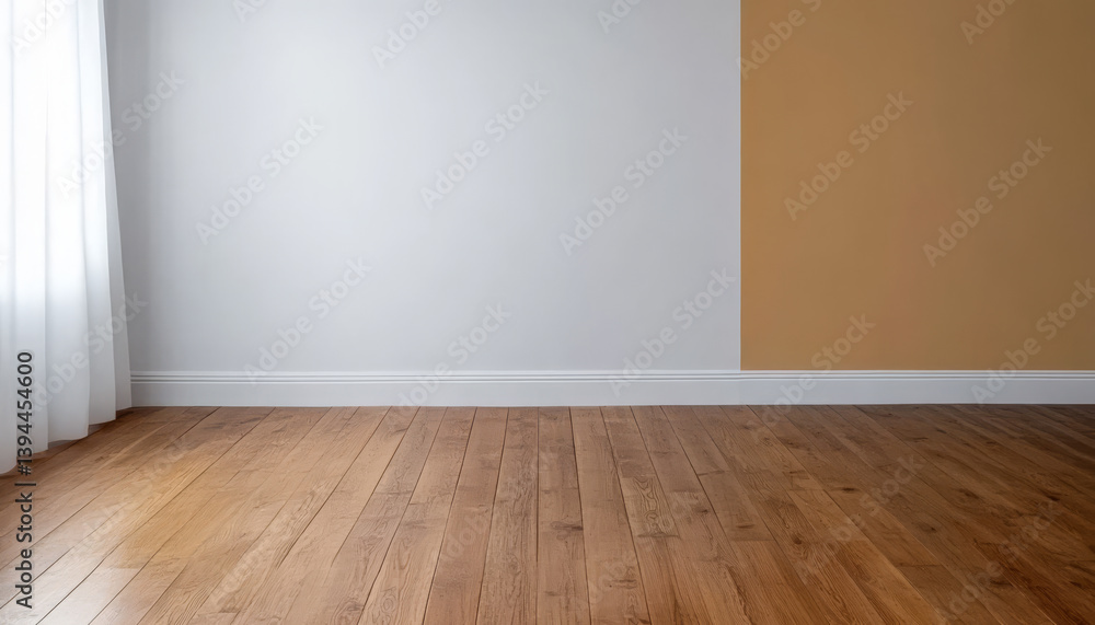 Modern interior design featuring a bright room with wooden flooring and a divided wall Modern interior design featuring a bright room with wooden flooring and a divided wall