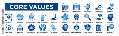 Core values icon collection set. Containing design Integrity, Leadership, Creativity, Simplicity, Honesty