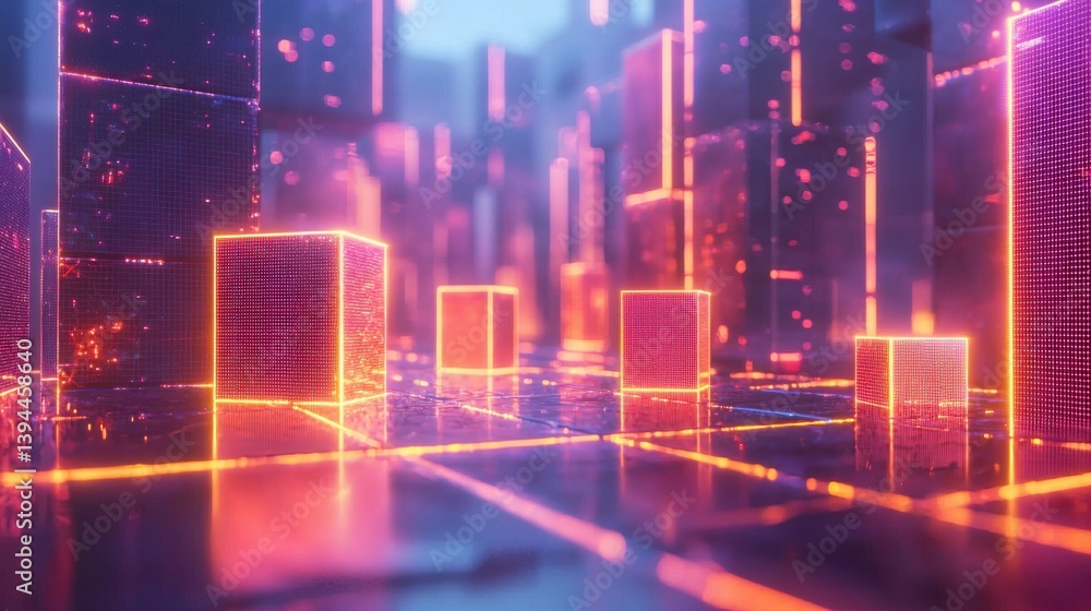 A futuristic cityscape with glowing neon cubes and a vibrant digital ambiance, creating a captivating technological environment. A futuristic cityscape with glowing neon cubes and a vibrant digital ambiance, creating a captivating technological environment.
