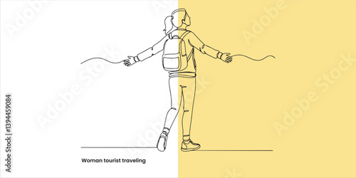 Woman tourist traveling solo continuous single line art drawing sketch on white background
