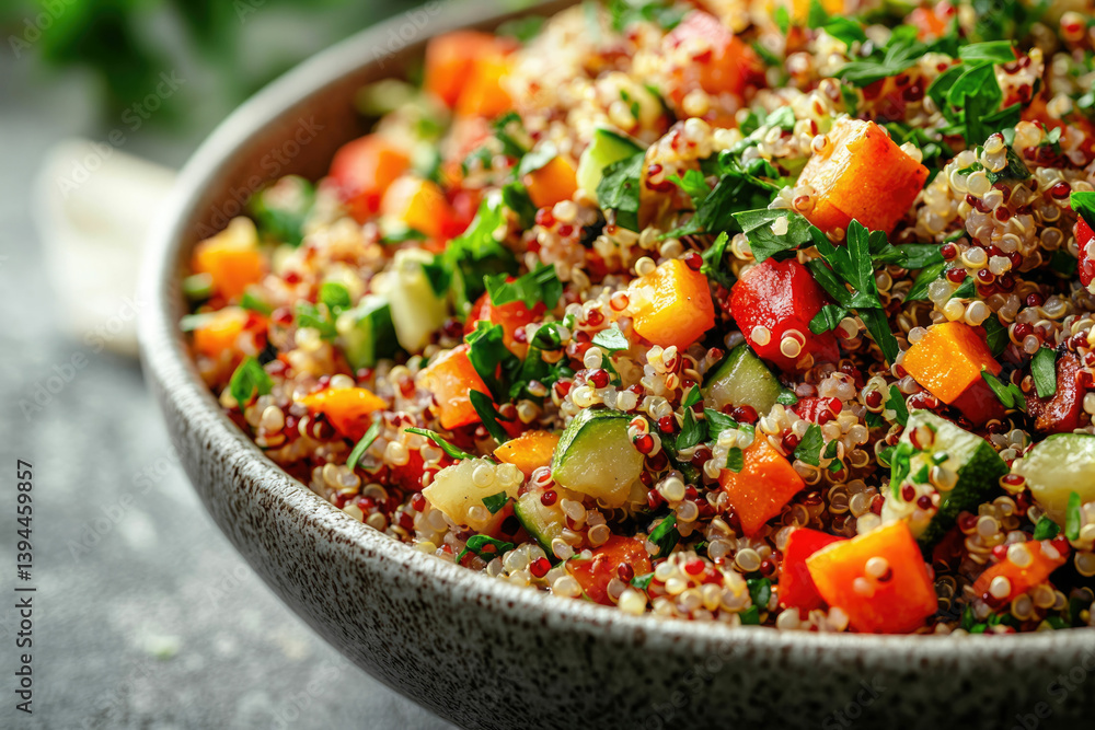 A vibrant and colorful quinoa salad with diced vegetables and fresh herbs, presented in a rustic bowl, showcasing a healthy and delicious dish. A vibrant and colorful quinoa salad with diced vegetables and fresh herbs, presented in a rustic bowl, showcasing a healthy and delicious dish.