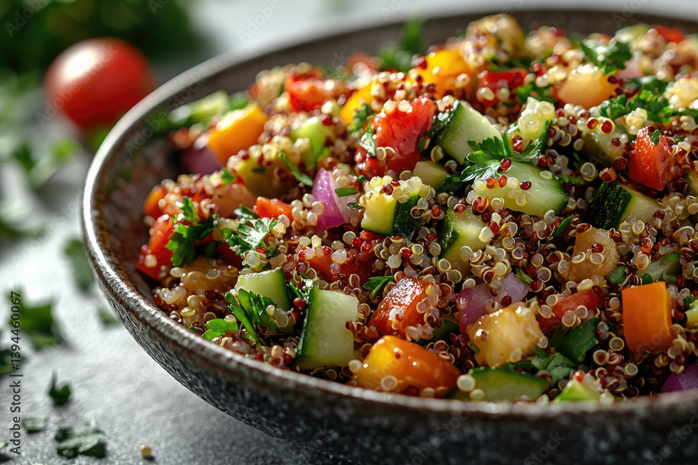 A vibrant quinoa salad featuring diced cucumbers, tomatoes, red onion, and parsley, served in a rustic bowl on a grey surface. A vibrant quinoa salad featuring diced cucumbers, tomatoes, red onion, and parsley, served in a rustic bowl on a grey surface.