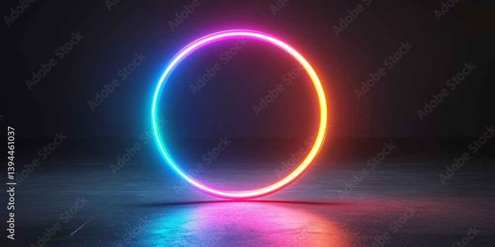 A Vivid. Geometric Circle of Blue and Pink Neon Color Shining Light Upon a Smooth Surface. A Vivid. Geometric Circle of Blue and Pink Neon Color Shining Light Upon a Smooth Surface.