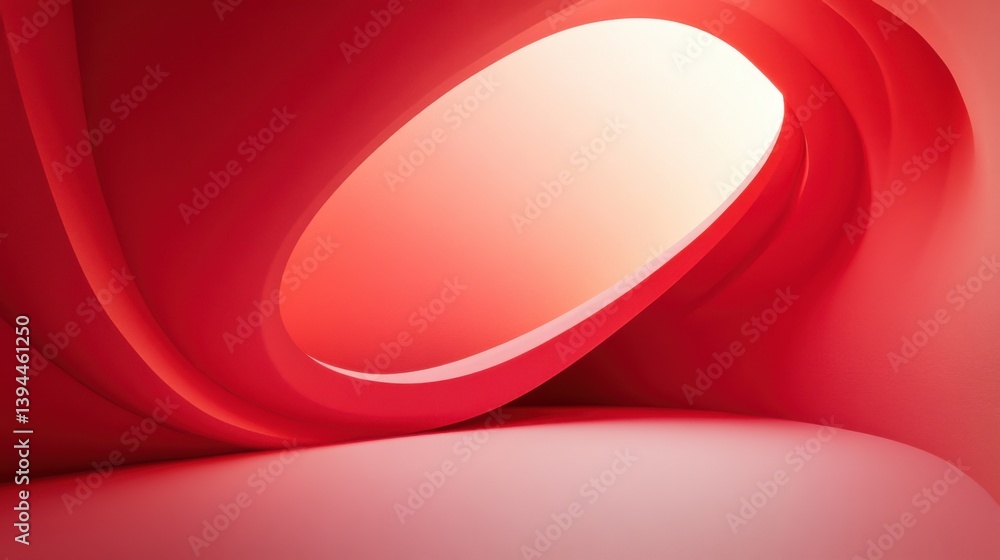 A smooth, abstract interior with flowing red curves and a bright opening, creating a warm and inviting atmosphere.