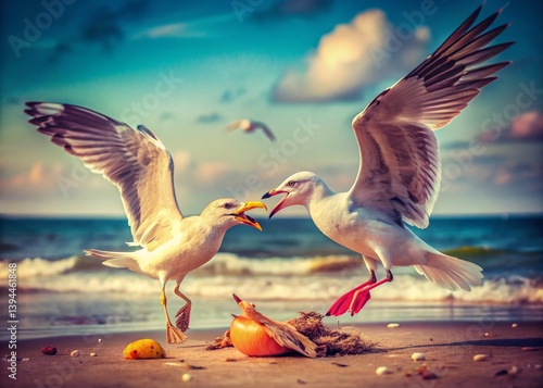 Coastal Clash Two Seagulls Locked in a Dramatic Food Fight a Timeless Scene of Avian Competition