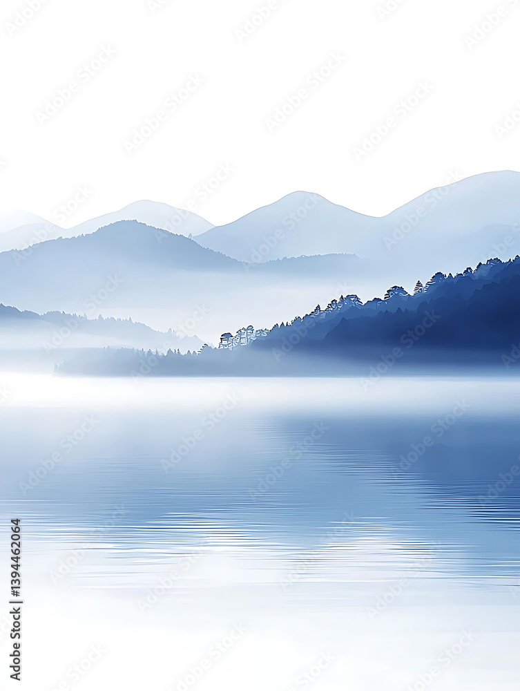Layers of misty mountains rise above a tranquil lake all cast in cool soft blue tones. Layers of misty mountains rise above a tranquil lake all cast in cool soft blue tones.