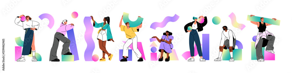 Set of people in different poses with various gradient geometric shapes. Happy men and women stand, hold abstract forms. Diverse characters carry figures. Flat isolated vector illustrations on white Set of people in different poses with various gradient geometric shapes. Happy men and women stand, hold abstract forms. Diverse characters carry figures. Flat isolated vector illustrations on white
