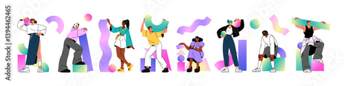 Set of people in different poses with various gradient geometric shapes. Happy men and women stand, hold abstract forms. Diverse characters carry figures. Flat isolated vector illustrations on white