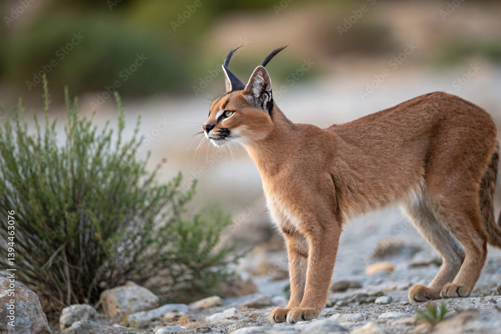 Obraz premium Slender caracal gazes toward horizon, reddish fur glowing in soft light, graceful posture among stones