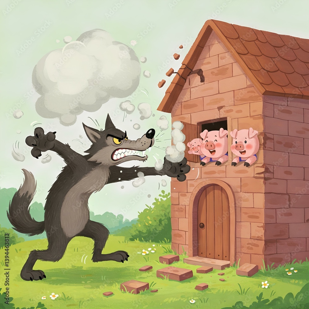 Fototapeta premium Angry Wolf Blowing House Down Three Little Pigs Fairytale Illustration