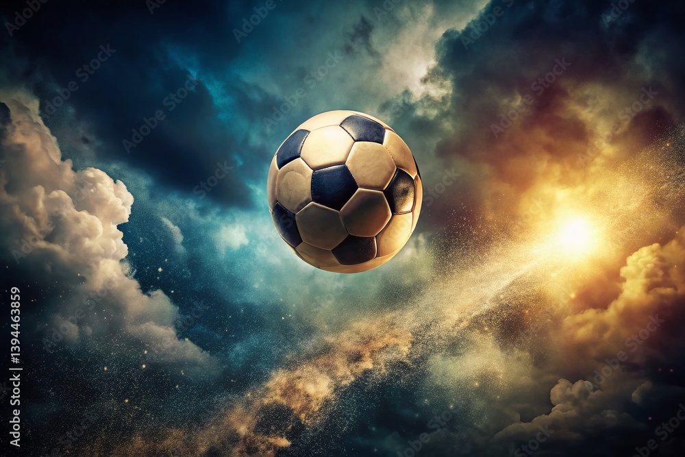 Fototapeta premium Vintage Soccer Ball Soaring Through the Air Against a Dramatic Dark Background A Timeless Image of Athleticism and