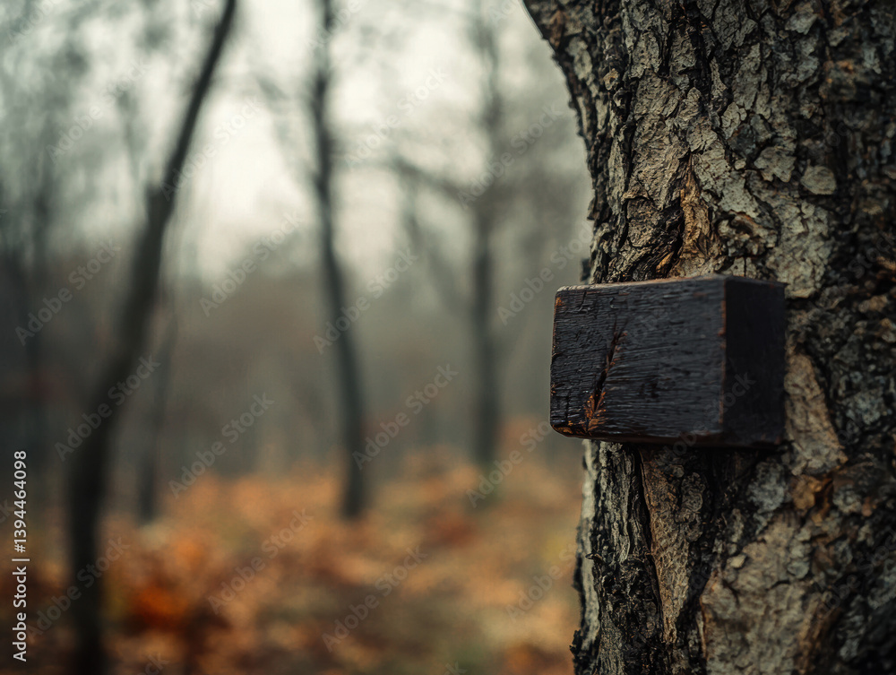 Fototapeta premium A weathered wooden marker is affixed to a tree trunk in a misty autumnal forest showcasing the beauty of nature's subtle details and the passage of time.