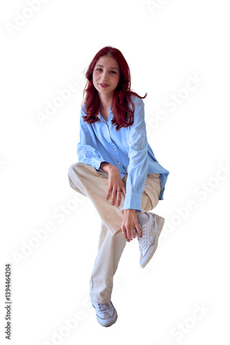 portrait of a beautiful teenage girl with red hair sitting  png, isolated,