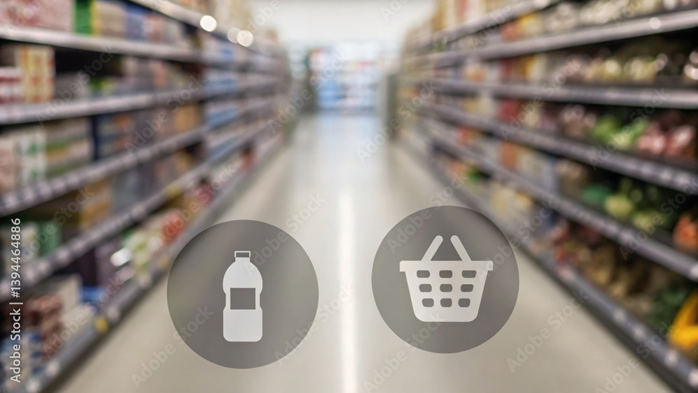 Blurred Grocery Store Aisle with Icons of Bottle and Shopping Basket in the Foreground Blurred Grocery Store Aisle with Icons of Bottle and Shopping Basket in the Foreground