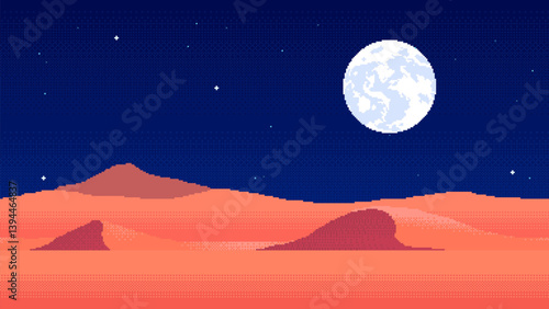 Pixel art night desert landscape. Retro cartoon 8bit video game arcade level with sand hills. Vector seamless background.