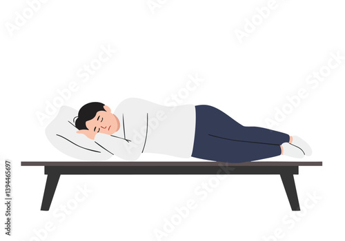 A young Asian man sleeps peacefully on a bed. Simple, clean composition with a neutral background. Ideal for concepts of rest, sleep, and relaxation.