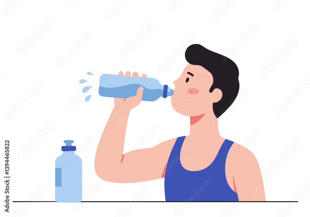 Man drinking water from a blue bottle. He's athletic, wearing a blue tank top, and appears refreshed. Simple, clean studio shot. Man drinking water from a blue bottle. He's athletic, wearing a blue tank top, and appears refreshed. Simple, clean studio shot.