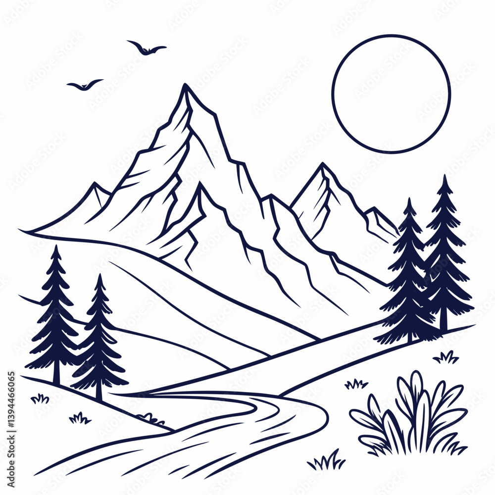 Obraz premium Winter Mountain Landscape Minimal Line Art Mountains with Full Moon – Clean and Stylish Nature Vector Design