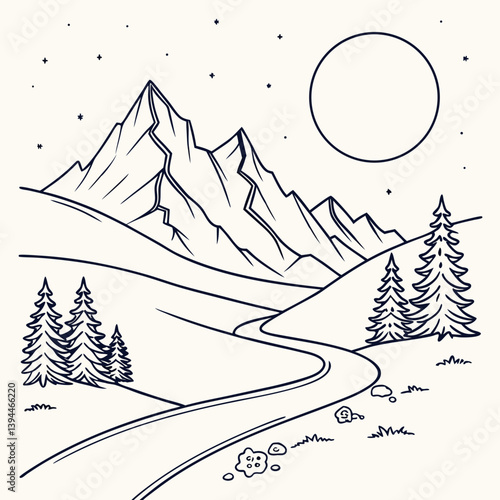 Winter Mountain Landscape Minimal Line Art Mountains with Full Moon – Clean and Stylish Nature Vector Design