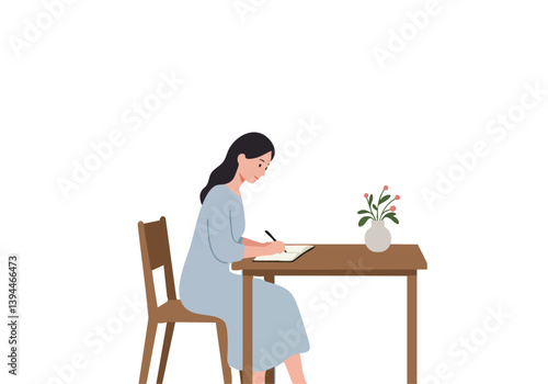 A woman sits at a wooden table, writing in a notebook. Soft lighting and a vase of flowers create a calm, peaceful atmosphere. Ideal for lifestyle and wellness concepts.