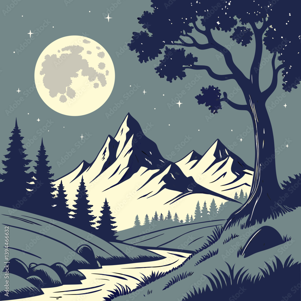 Obraz premium Winter Landscape With Mountains Nighttime in the Mountains Under a Glowing Moon – Serene Moonlit Landscape Vector Art