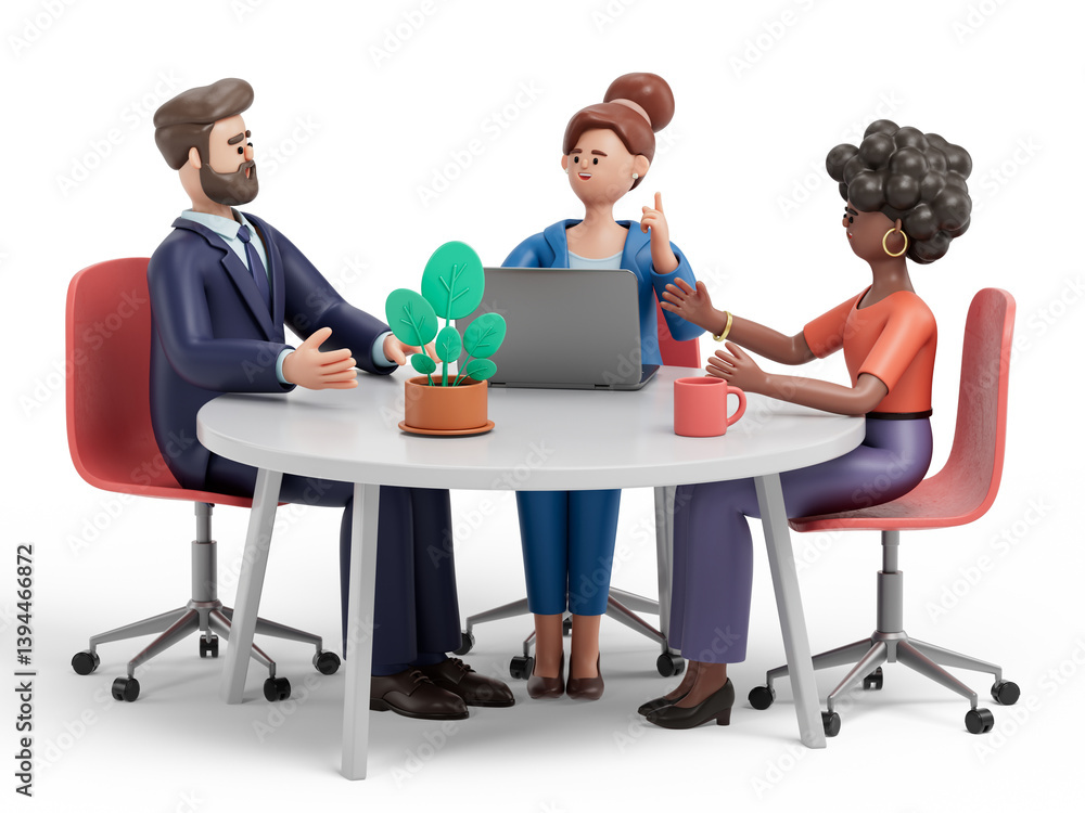 Fototapeta premium 3D people discuss over a laptop, symbolizing teamwork and innovation. 3d rendering, conceptual image. Isolated on white background.