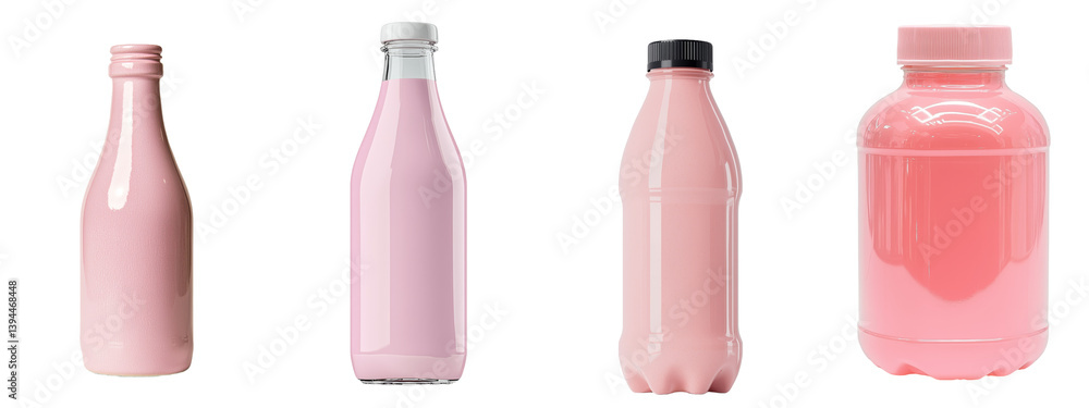 Minimalist mockups of various pink beverage bottles showcasing modern design and aesthetic appeal in a clean setting Minimalist mockups of various pink beverage bottles showcasing modern design and aesthetic appeal in a clean setting