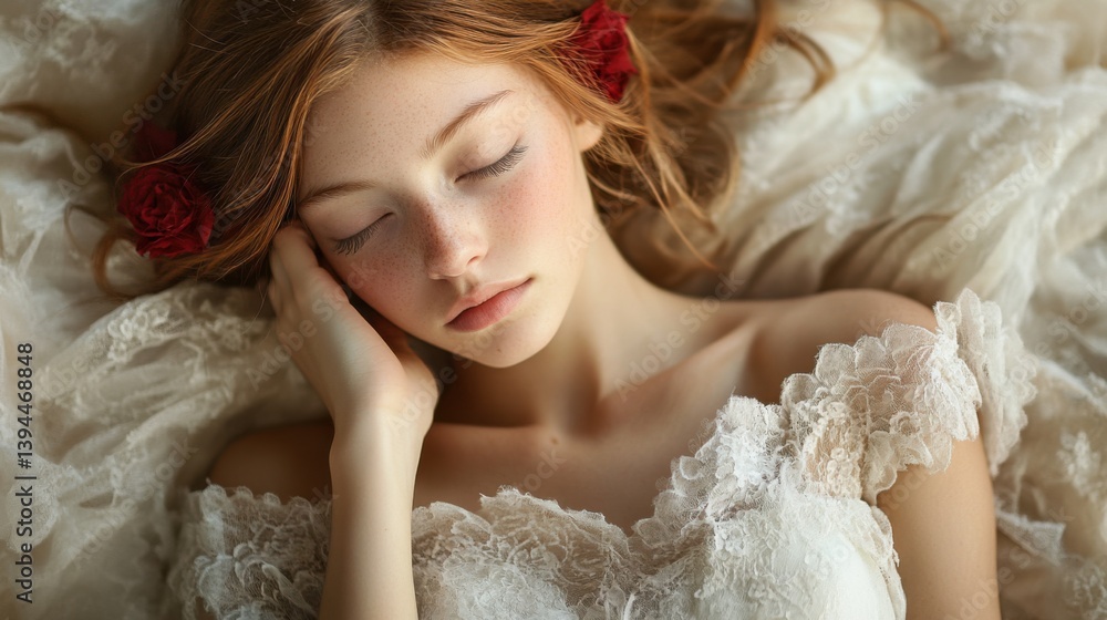 A serene young woman with closed eyes, adorned with roses in her hair, rests peacefully on a soft, lace-covered surface. A serene young woman with closed eyes, adorned with roses in her hair, rests peacefully on a soft, lace-covered surface.