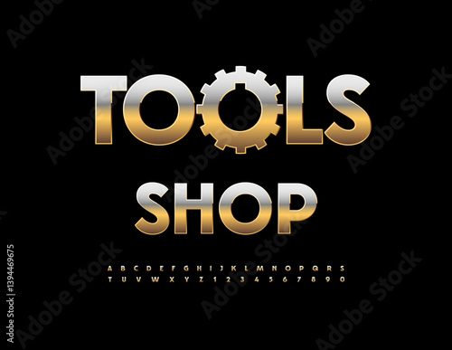Vector Metallic signboard Tools Shop with Golden Gear. Trendy Quality Font. Premium Uppercase Cool Alphabet Letters and Numbers set.