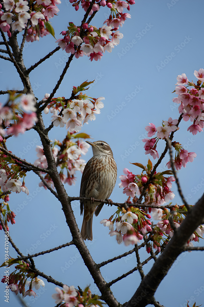 Obraz premium Bird perched on cherry blossom branch against a clear blue sky springtime scene