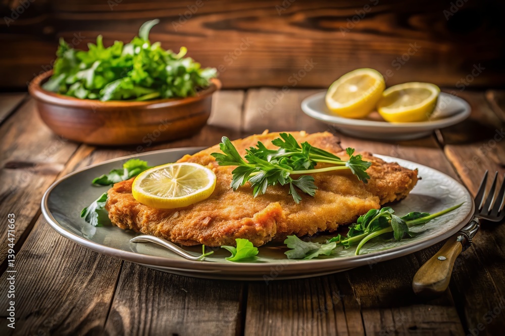 GoldenBrown Crispy Fried Schnitzel with Fresh Arugula and a Zesty Lemon Wedge A Delightful VintageInspired Dish GoldenBrown Crispy Fried Schnitzel with Fresh Arugula and a Zesty Lemon Wedge A Delightful VintageInspired Dish
