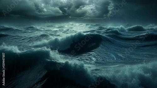 Thunderous waves surge beneath ominous clouds as lightning flashes across a darkened sky, capturing nature's raw power and intensity