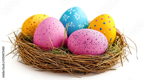 Five colorful Easter eggs led together in a rustic bird's are perfectly arranged on a pristine white background creating a festive sp image ideal for holiday cards and