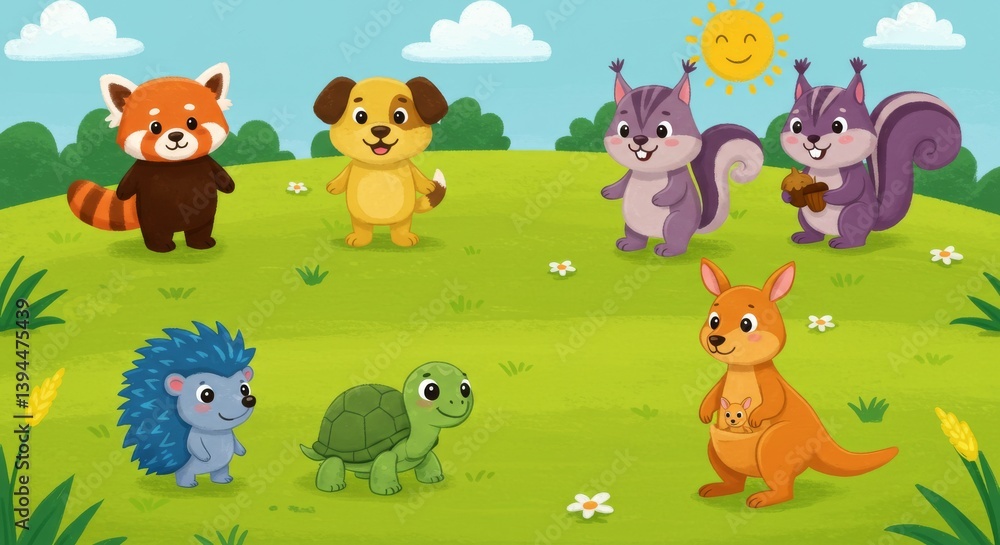 Naklejka premium Adorable Animals in a Sunny Meadow - Cute cartoon animals enjoying a sunny day in a green field. Perfect for children's books or educational materials