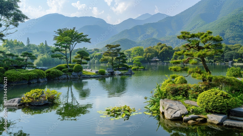 Zen-inspired landscape featuring mountains and quiet lakes. Zen-inspired landscape featuring mountains and quiet lakes.