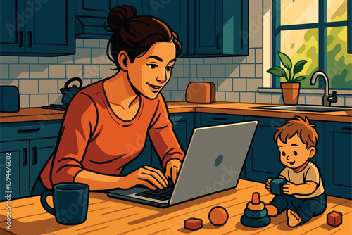 Busy mom working on laptop while toddler plays in kitchen